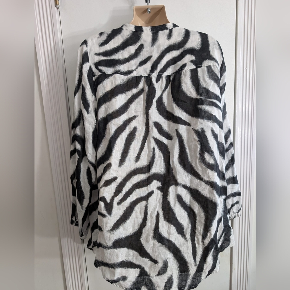 JM Collection 100% linen women's plus size 18w animal zebra print button Blouse - Picture 2 of 7